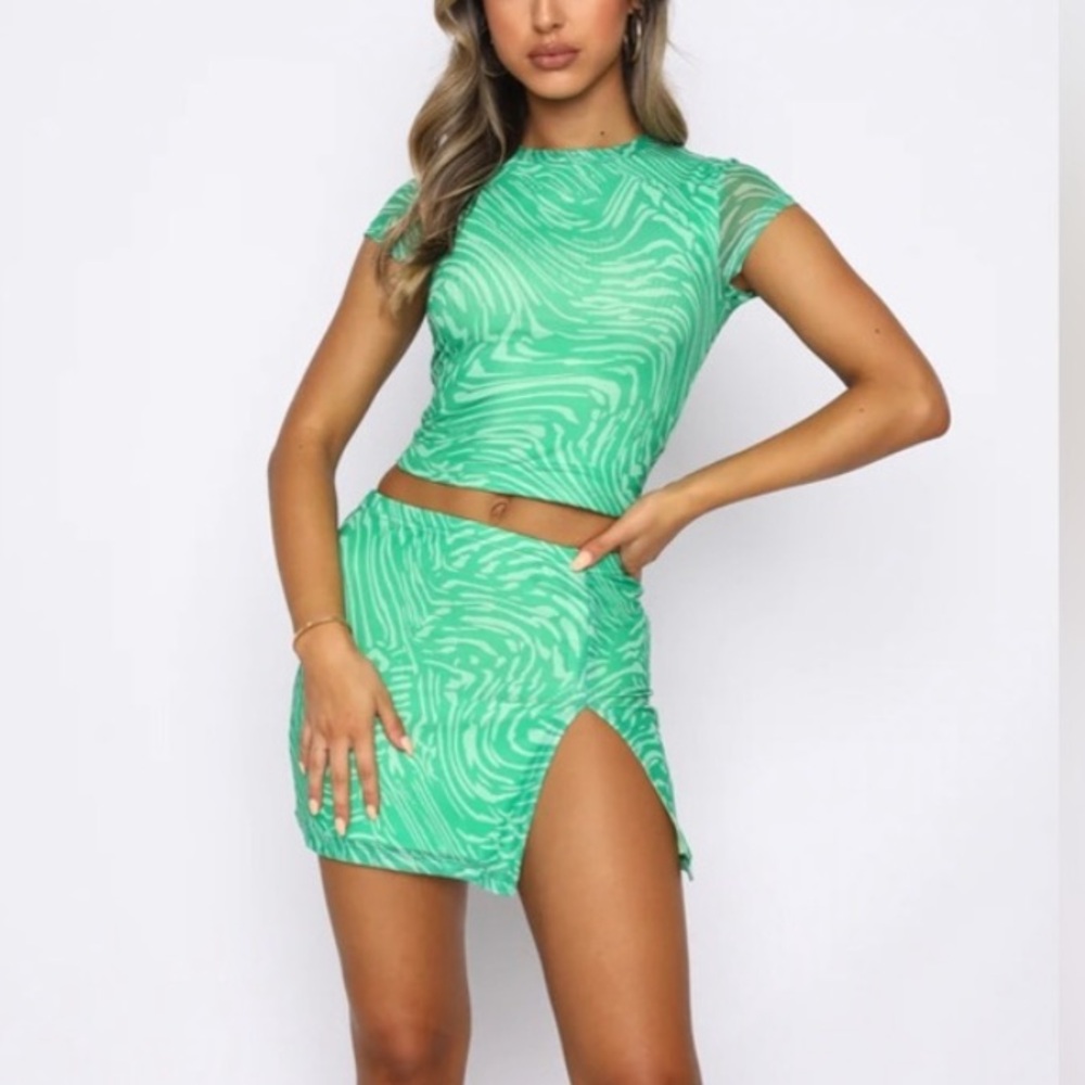 White Fox Boutique Green White Two Piece Crop Top and Mini Skirt Set